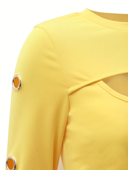 Elegante top negro de manga larga – Camiseta de cuello redondo con botones dorados