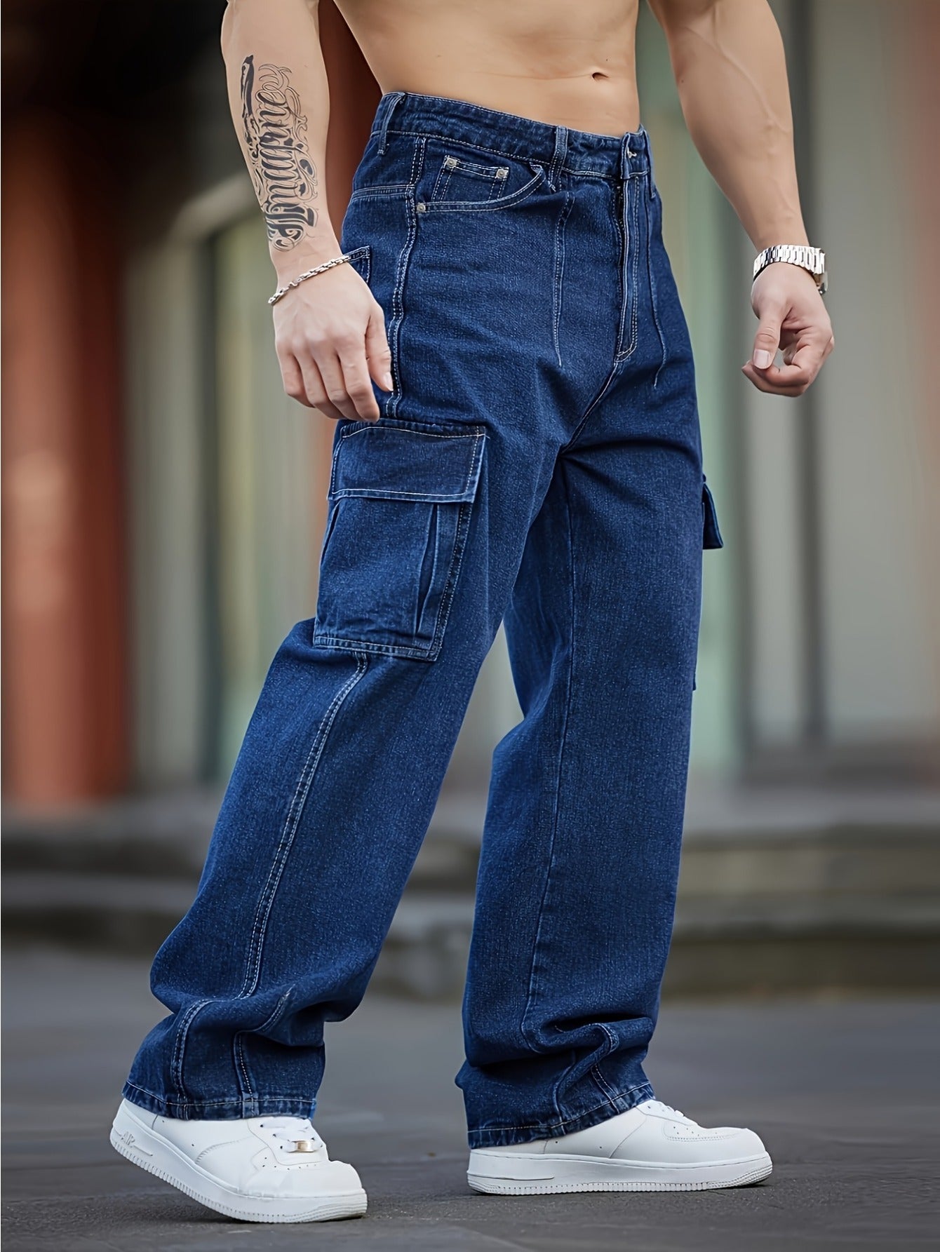 Vaqueros Urban de Pierna Ancha – Vaqueros Multibolsillos Azul Degradado