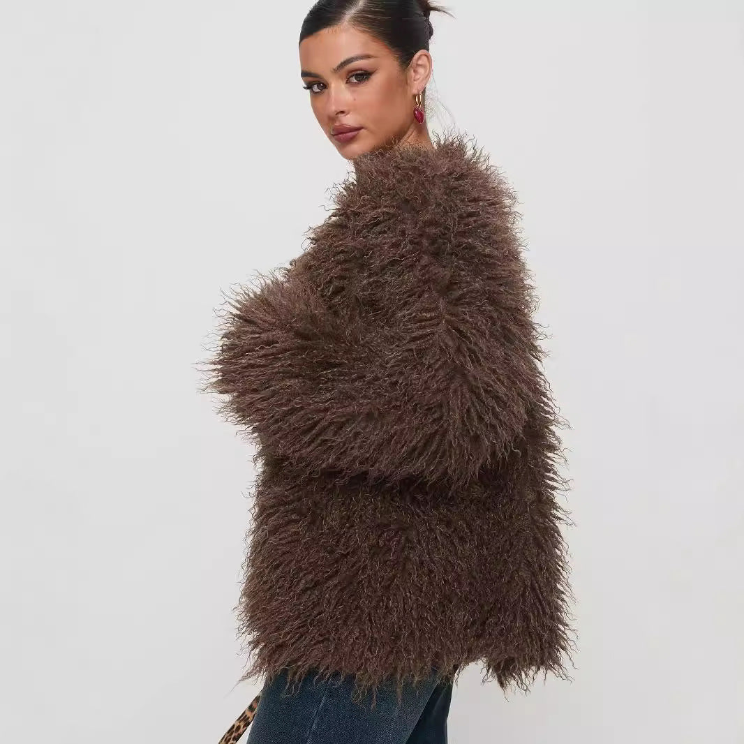Chaqueta de Pelo Sintético para Mujer con Costuras de Cuero – Abrigo Estilo Urbano