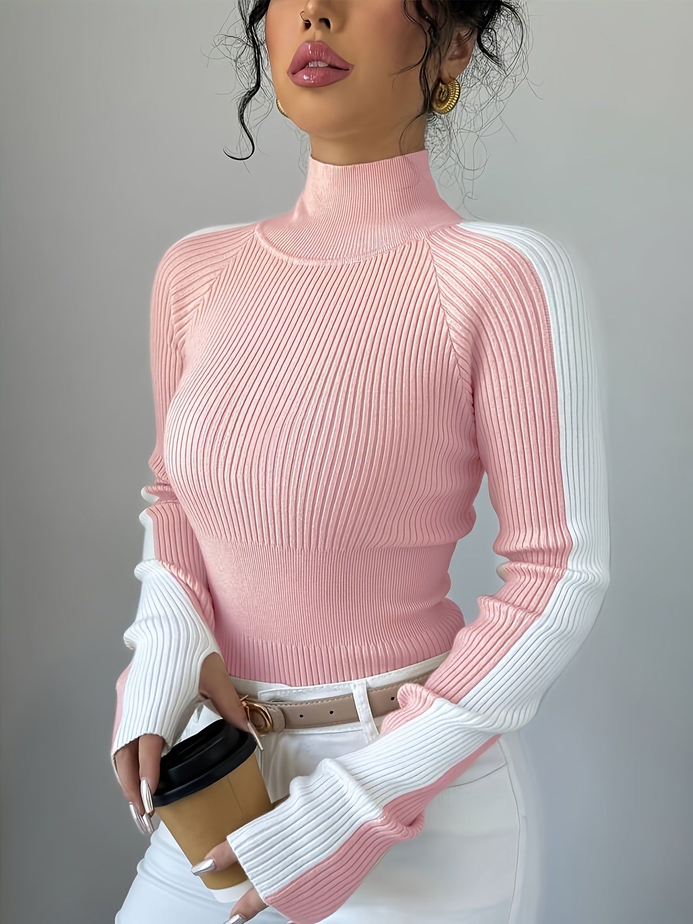 Suéter de cuello alto color block para mujer - Blusa elegante de punto suave