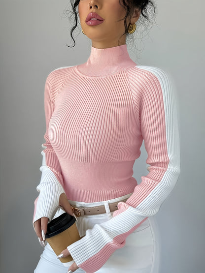 Suéter de cuello alto color block para mujer - Blusa elegante de punto suave