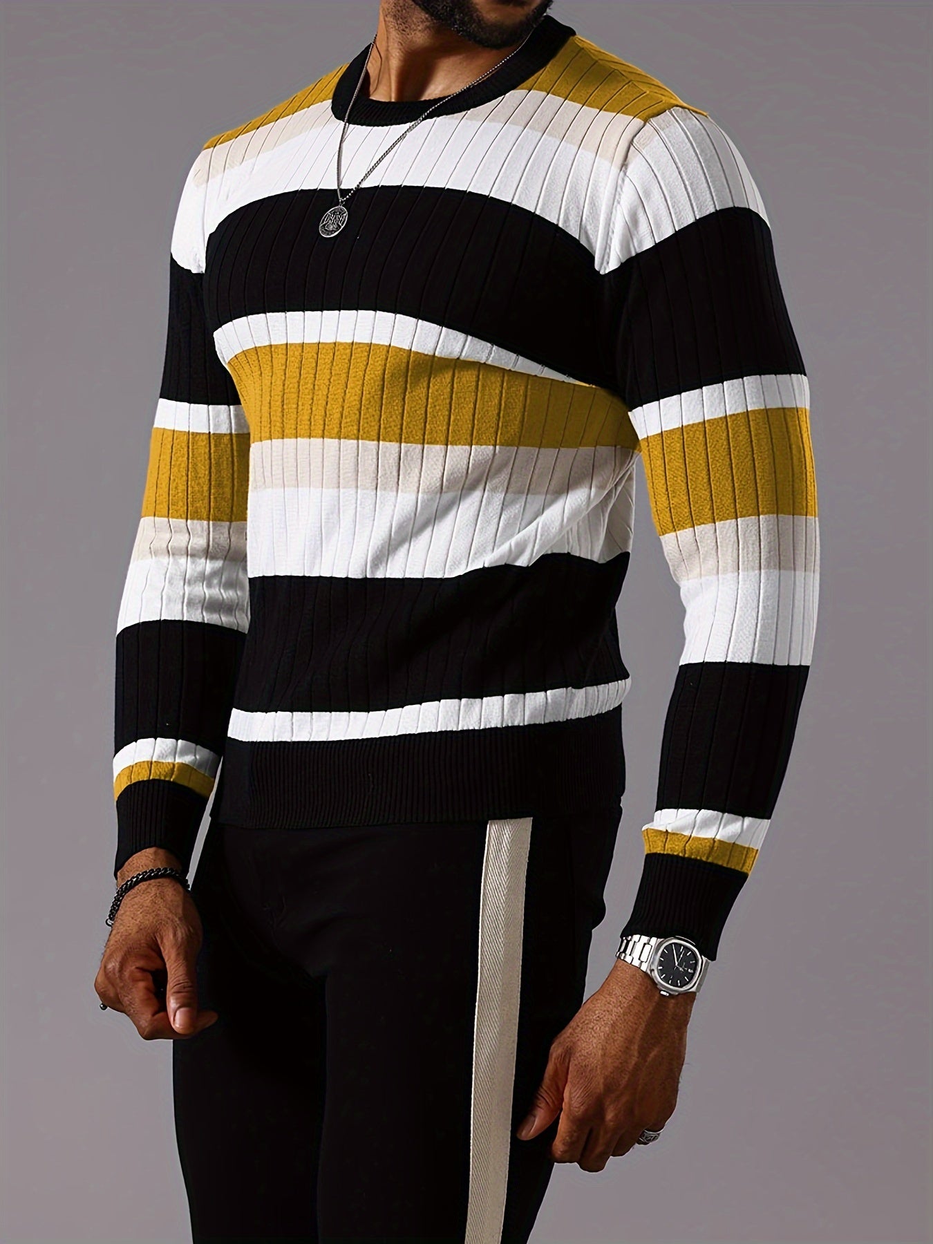 Pull rayé en tricot côtelé pour homme – Pull Color Block Automne Hiver