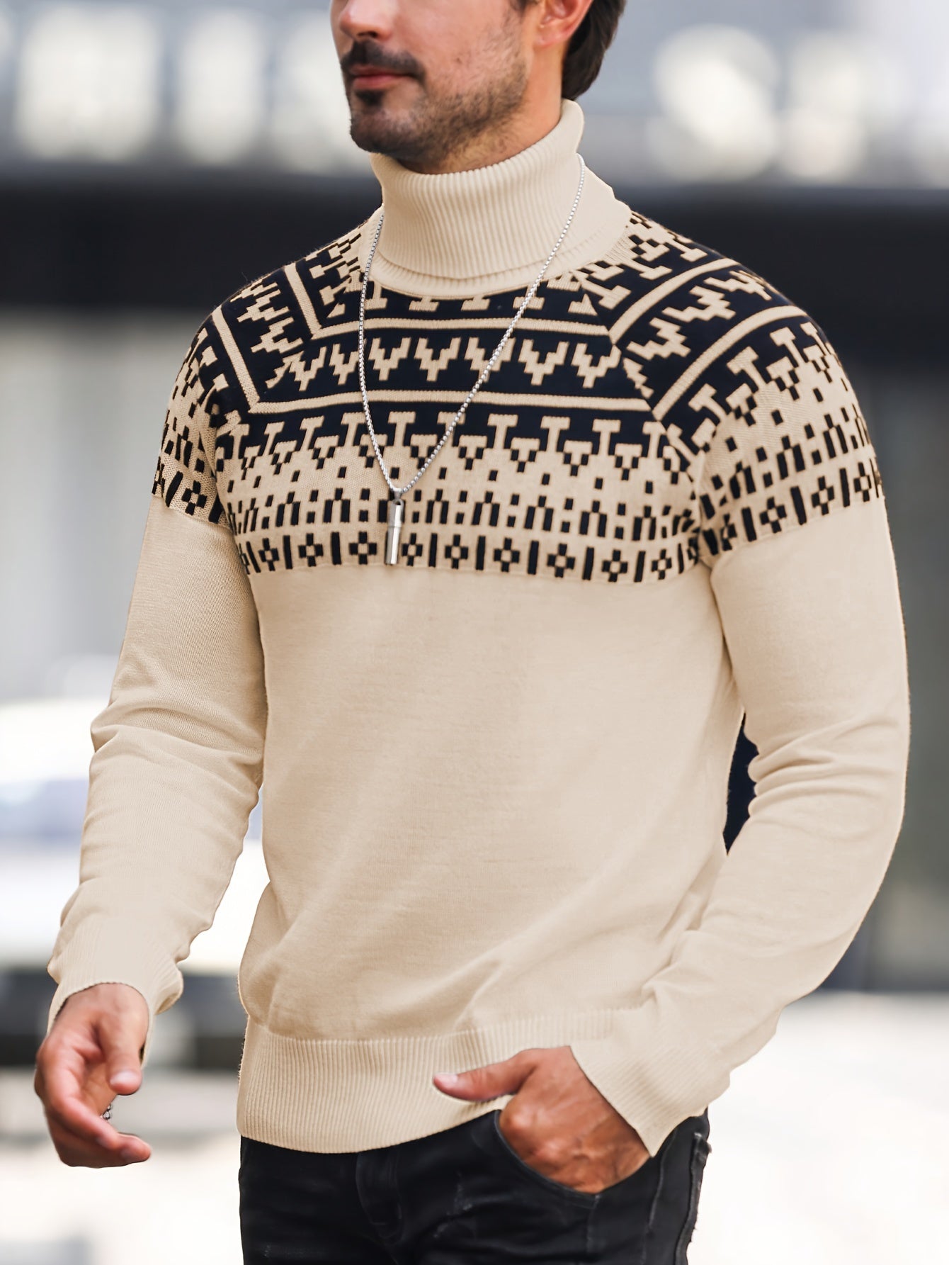Men’s Geometric Turtleneck Sweater – Casual Knit Pullover for Fall & Winter