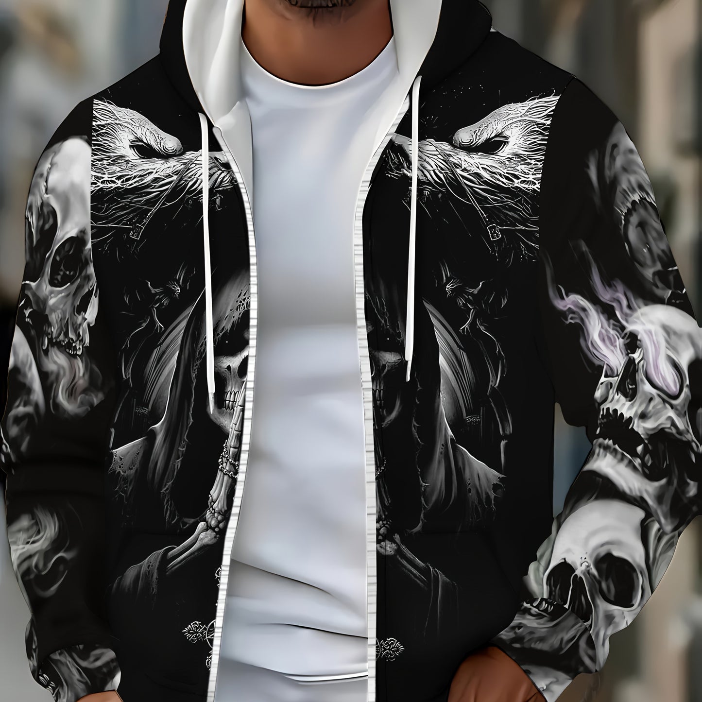 Sweat à capuche zippé gothique tête de mort pour homme Loom & Soul – Veste streetwear ailes enflammées