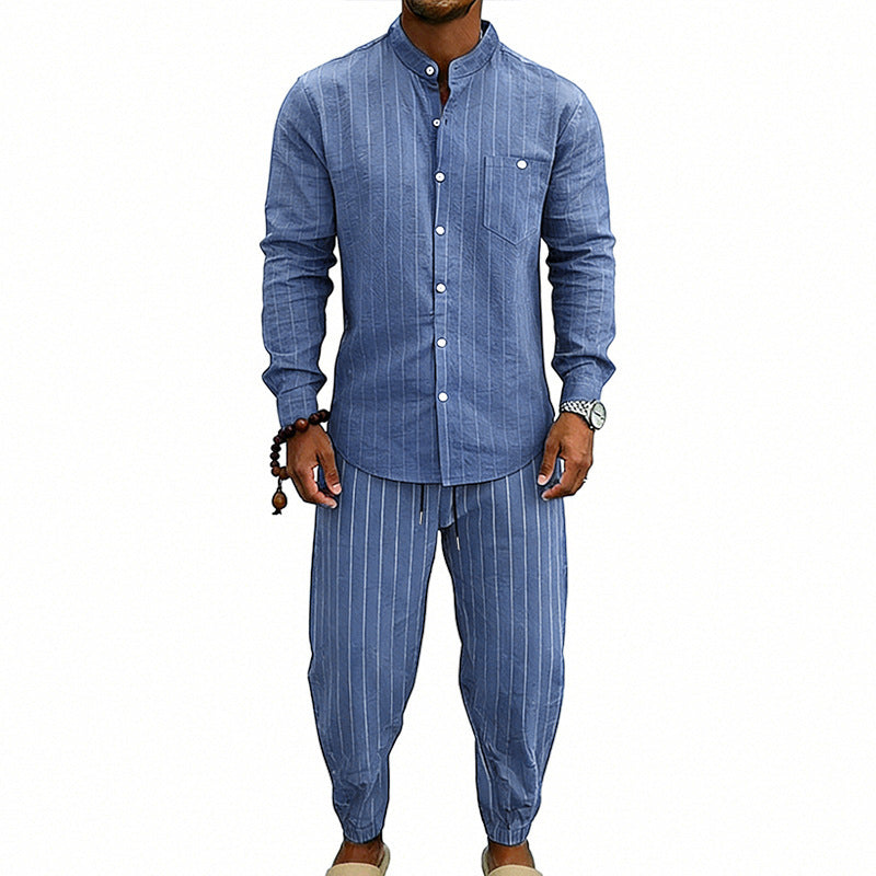 Men’s Striped Henley Set – Linen Jogger Streetwear Outfit