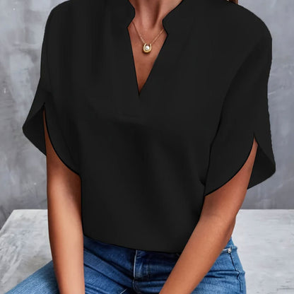 Loom & Soul™ Blusa de Gasa con Cuello en V – Top Elegante de Manga Corta para Verano para Mujer