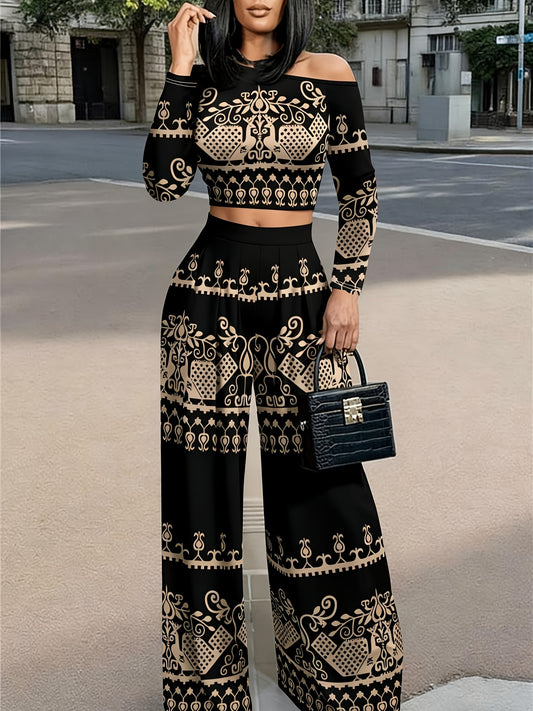 Conjunto de dos piezas con hombros descubiertos – Top asimétrico y pantalón de pierna ancha