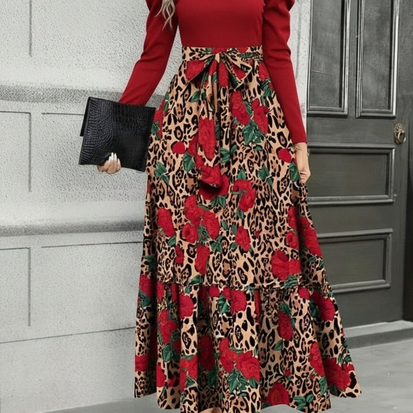 Vestido con estampado de leopardo y retazos con lazo en la cintura – Vestido entallado de manga larga elegante