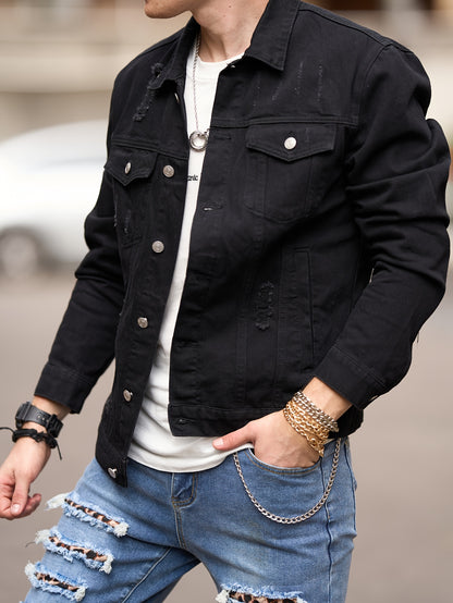 Chaqueta de mezclilla negra de corte ajustado para hombre – Estilo Moto con bolsillos