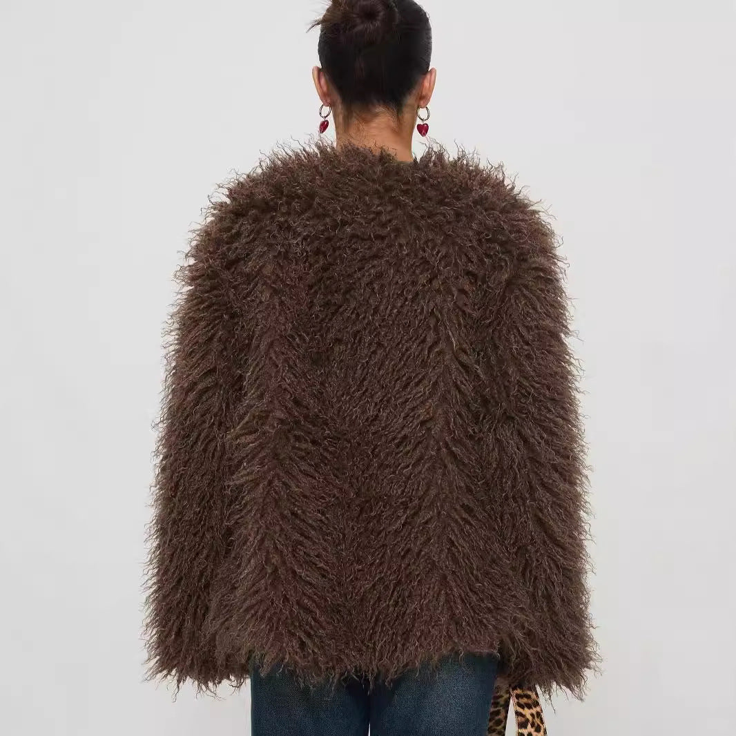 Chaqueta de Pelo Sintético para Mujer con Costuras de Cuero – Abrigo Estilo Urbano