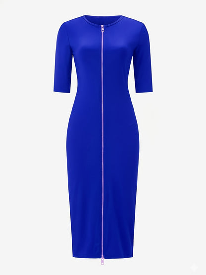 Vestido midi ajustado con cuello barco – Vestido elegante de manga corta con corte entallado