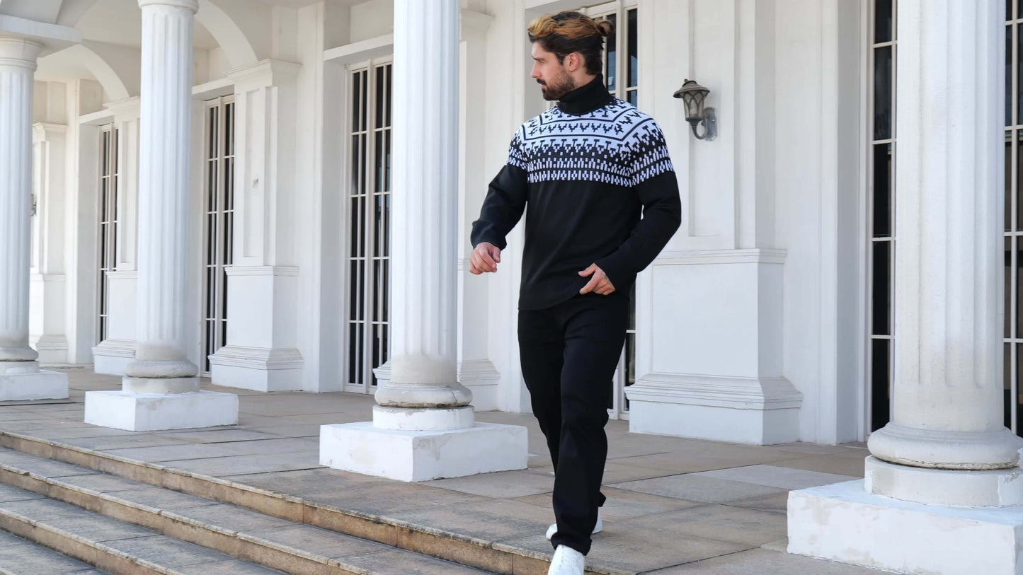 Men’s Geometric Turtleneck Sweater – Casual Knit Pullover for Fall & Winter
