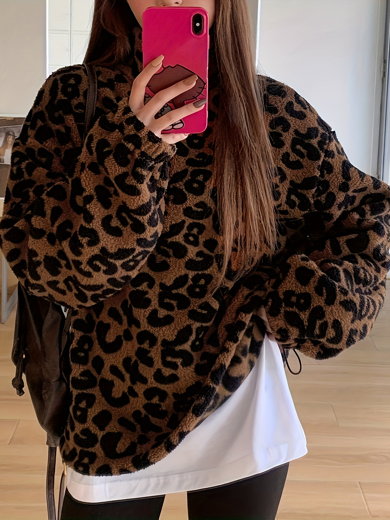 Sudadera con capucha elegante de felpa con estampado de leopardo – Chaqueta con cremallera forrada de forro polar suave