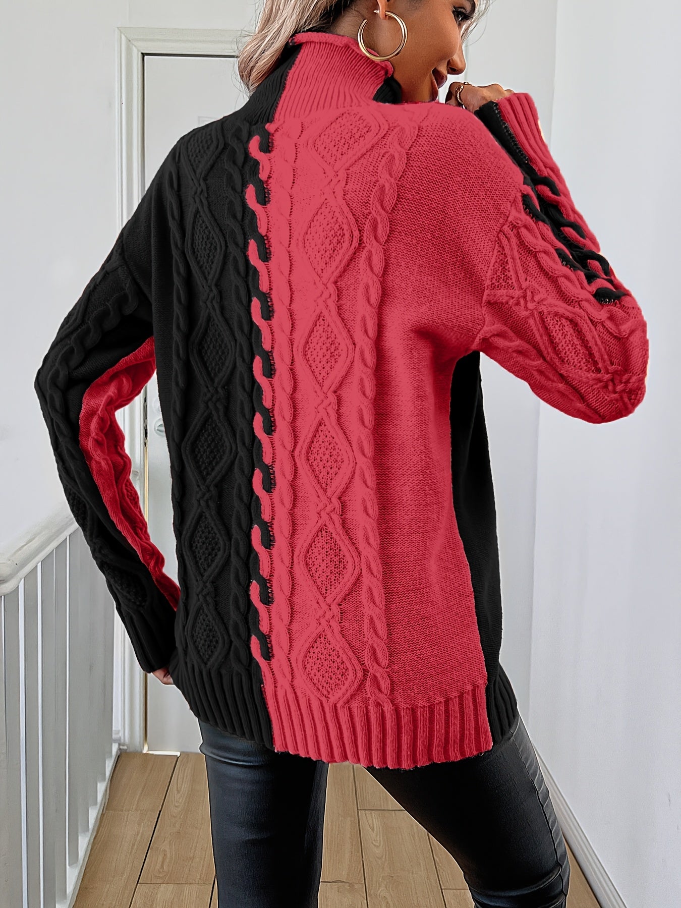Blusa Elegante de Rayas con Cuello Alto – Top de Manga Larga de Punto Color Block