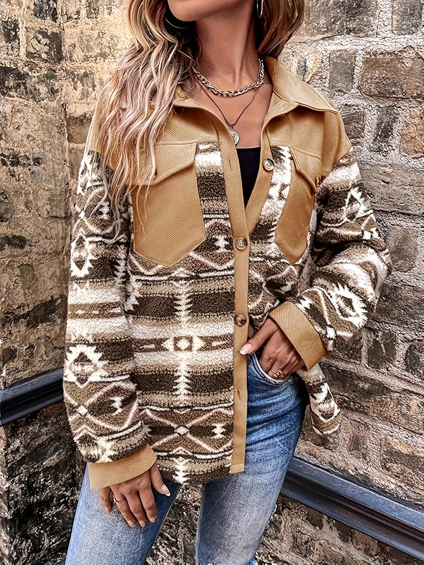Chaqueta polar geométrica para mujer – Abrigo de invierno cálido con bloques de color
