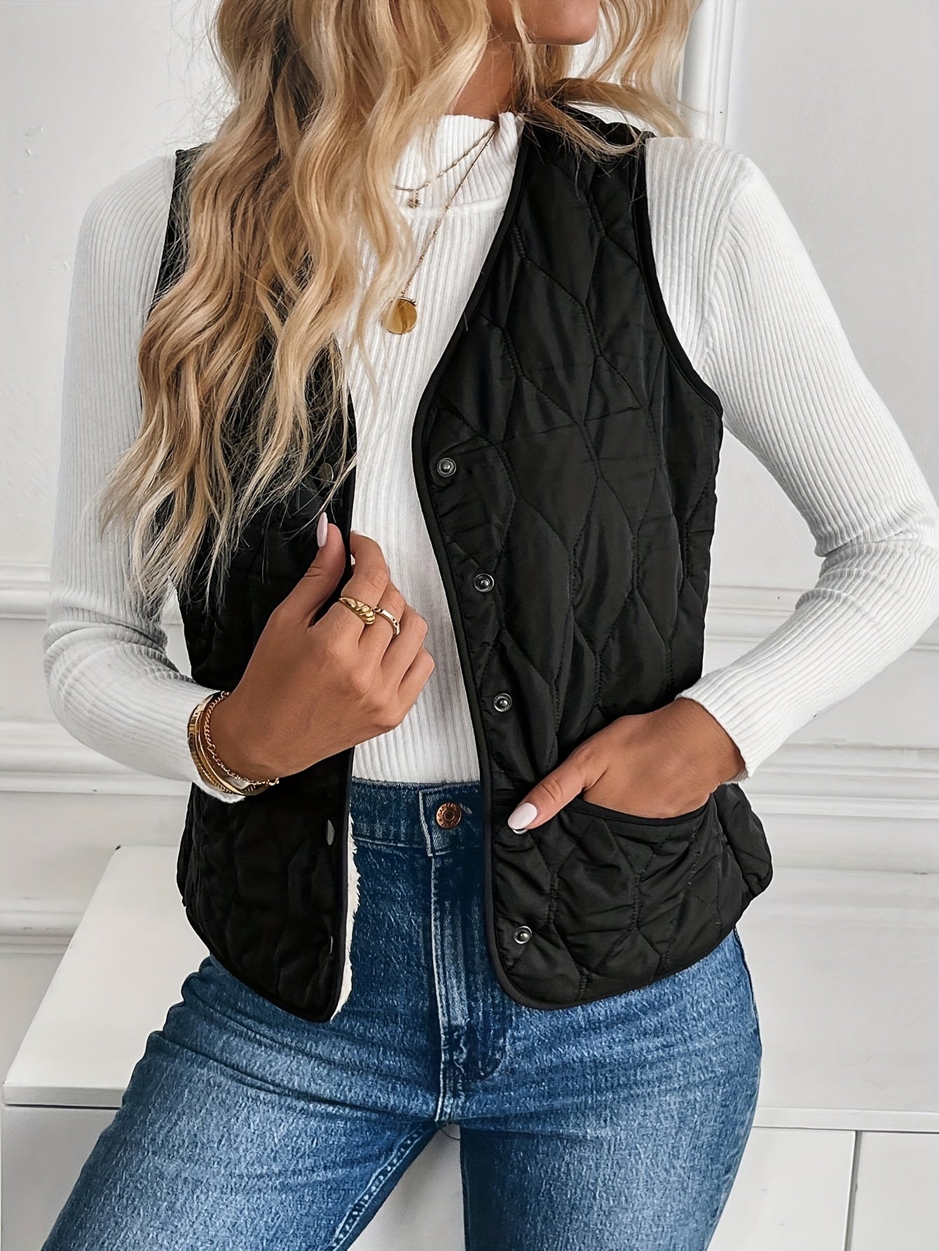 Gilet d'hiver zippé doublé chaud pour femme – Vêtement d'extérieur doux à col en V