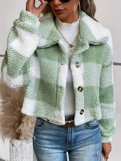 Abrigo de cuadros de borreguito para mujer – Abrigo de invierno cálido de manga larga con botones