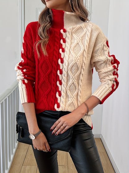 Blusa Elegante de Rayas con Cuello Alto – Top de Manga Larga de Punto Color Block