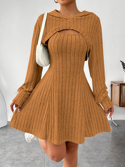 Ensemble 2 pièces côtelé pour femme – Top court à capuche et robe moulante
