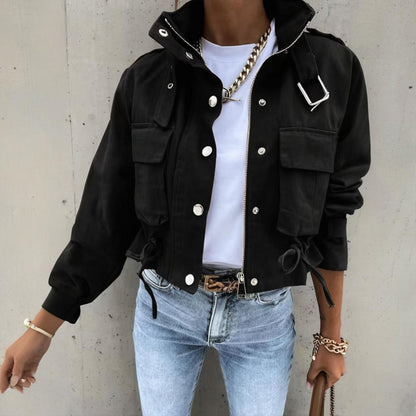 Chaqueta Corta Casual para Mujer con Cuello Alto, Botones y Cremallera