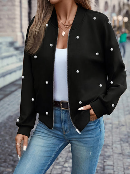 Pearl Embellished Baseball Jacket – Elegant Women’s Button-Up Outerwear