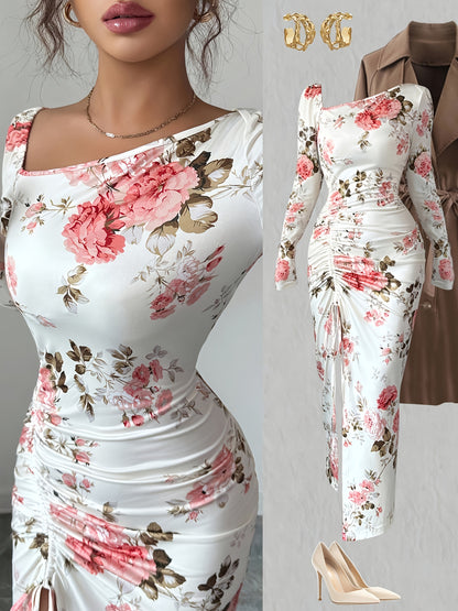 Asymmetrical Floral Bodycon Dress – Long Sleeve Ruffle Slit Dress