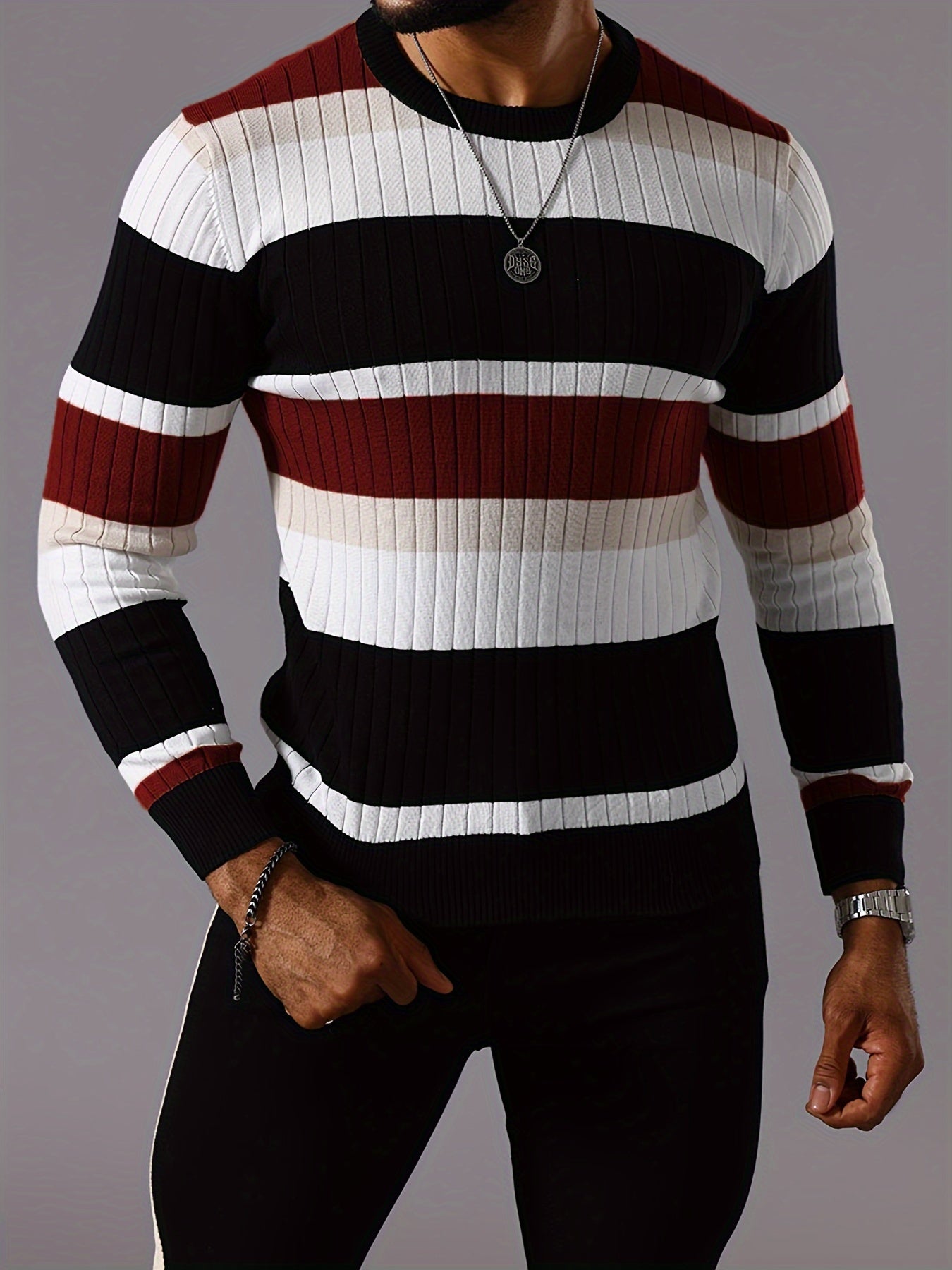 Pull rayé en tricot côtelé pour homme – Pull Color Block Automne Hiver