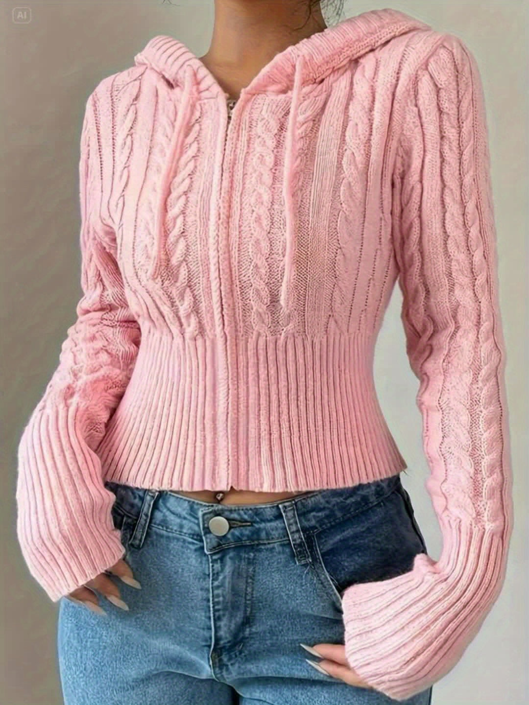 Cárdigan elegante con capucha y cremallera – Capa cálida de punto trenzado