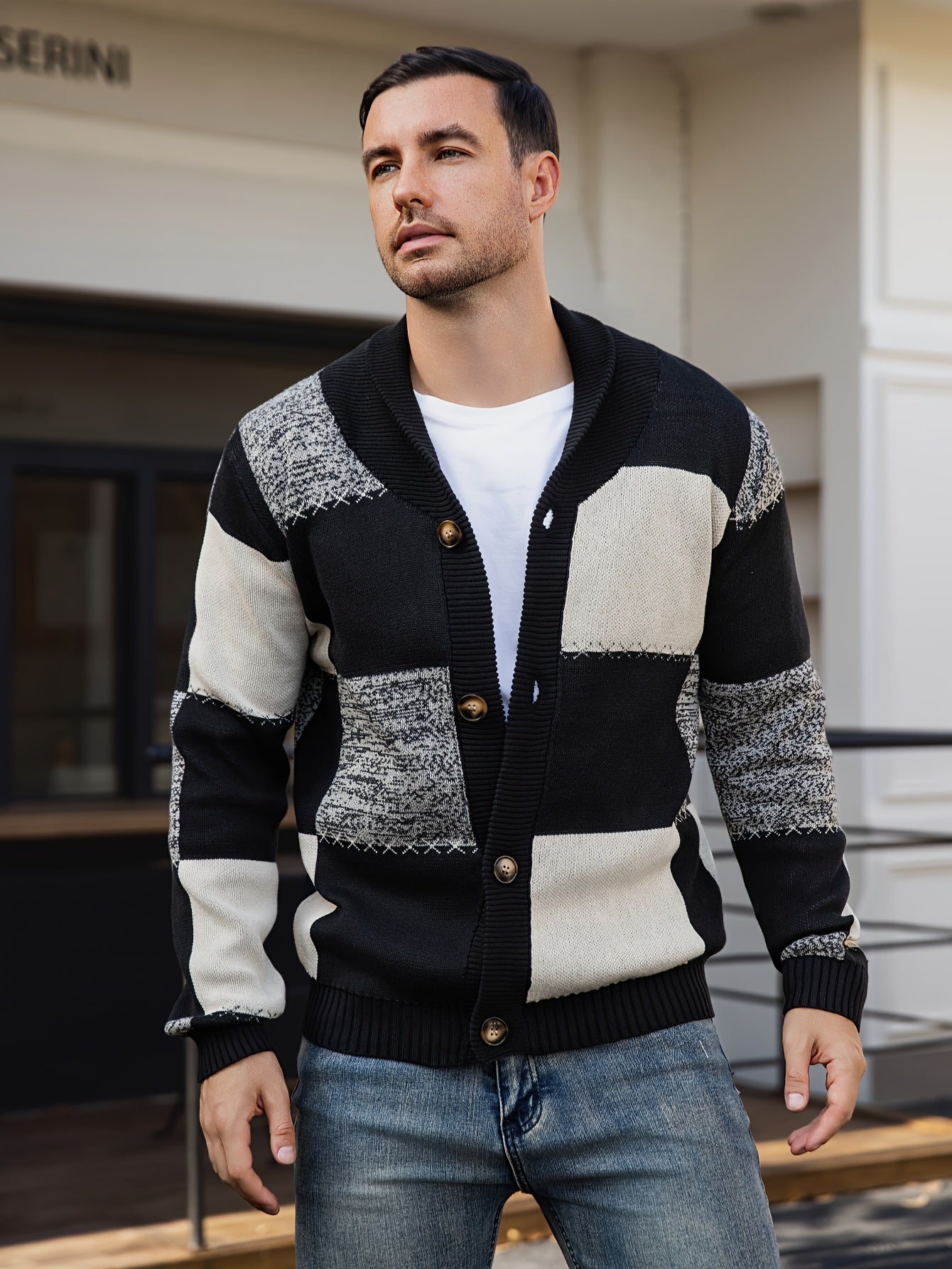 Cárdigan de punto con pespuntes en contraste – Suéter casual acanalado con solapa