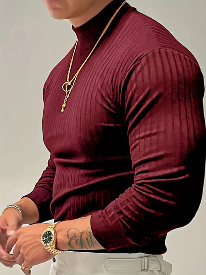 Camiseta de manga larga ajustada acanalada para hombre – Camiseta deportiva con cuello alto
