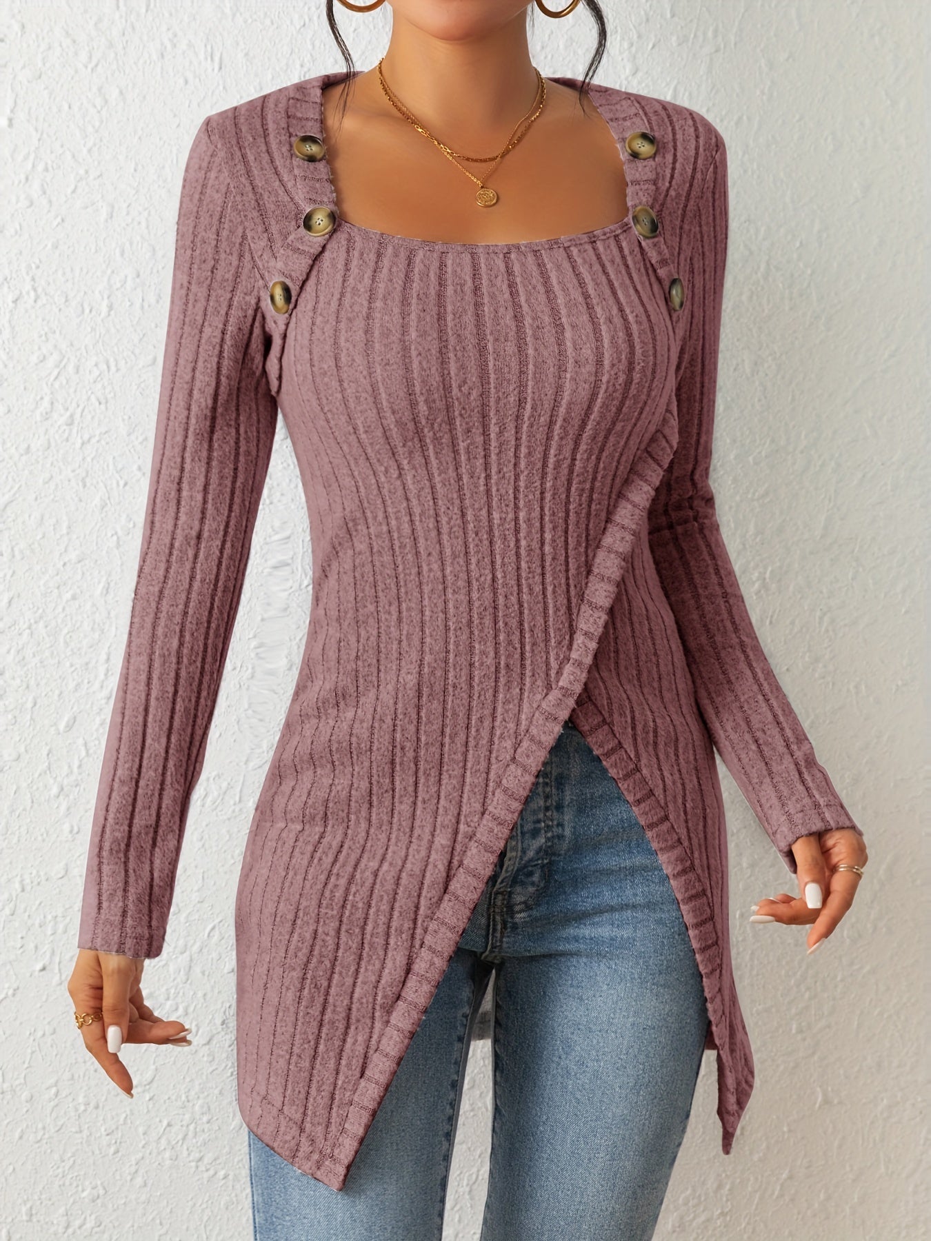 Camiseta de punto entallada para mujer – Top de manga larga con cuello cuadrado