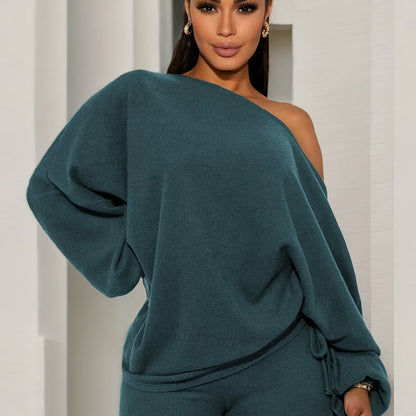 Conjunto de 2 piezas para mujer de un solo hombro – Top de manga farol y leggings ajustados