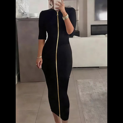 Vestido midi ajustado con cuello barco – Vestido elegante de manga corta con corte entallado