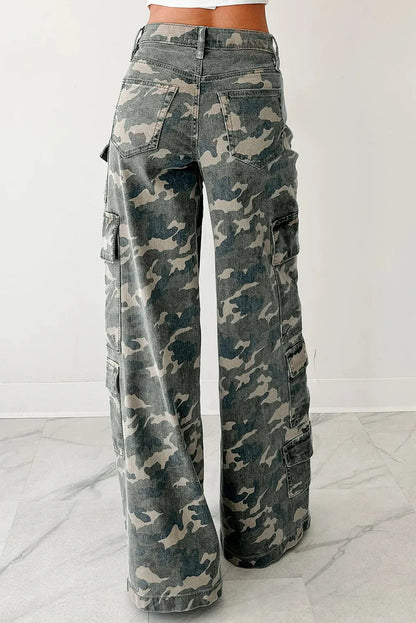 Pantalones cargo de mezclilla con estampado de camuflaje para mujer – Jeans utilitarios de pierna ancha