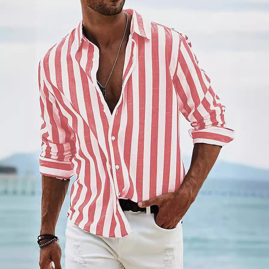 Camisa Casual Rayada para Hombre – Manga Larga Estilo Británico de Ajuste Holgado