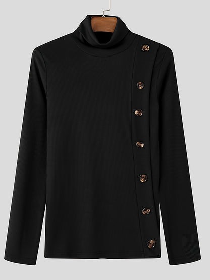 Camiseta de cuello alto ajustada para hombre - Camisa de punto con detalle de botones