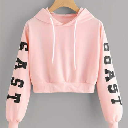 Sudadera con capucha rosa con letras para mujer – Estampado East/West estilo urbano casual