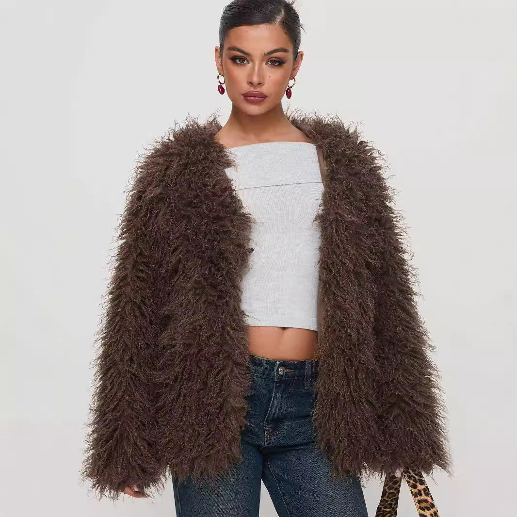 Chaqueta de Pelo Sintético para Mujer con Costuras de Cuero – Abrigo Estilo Urbano