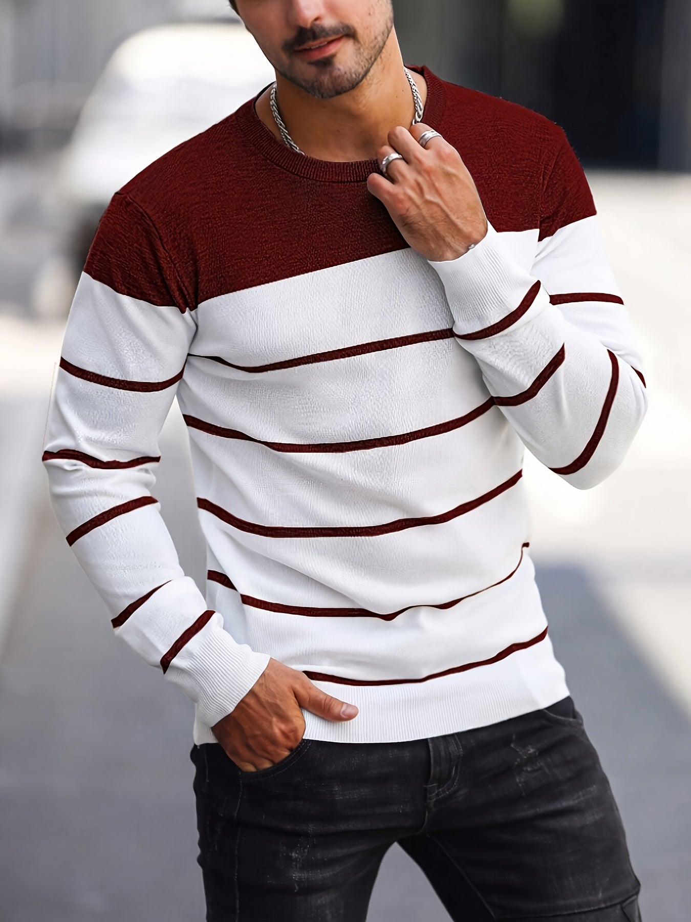 Suéter de punto a rayas azul marino para hombre – Sudadera informal de cuello redondo