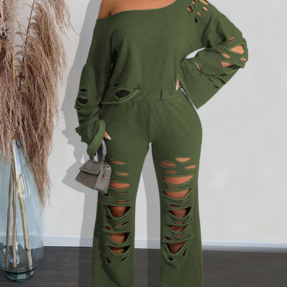 Ensemble 2 pièces femme épaules dénudées délavé – Haut manches longues et pantalon déchiré