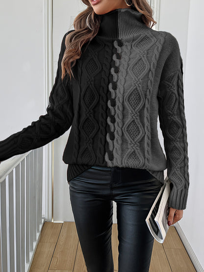 Blusa Elegante de Rayas con Cuello Alto – Top de Manga Larga de Punto Color Block