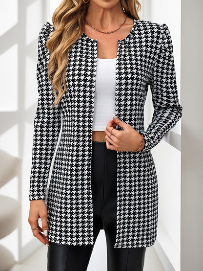 Cárdigan de pata de gallo para mujer – Chaqueta de punto elegante con mangas abullonadas