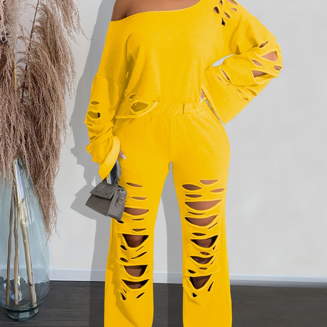 Ensemble 2 pièces femme épaules dénudées délavé – Haut manches longues et pantalon déchiré