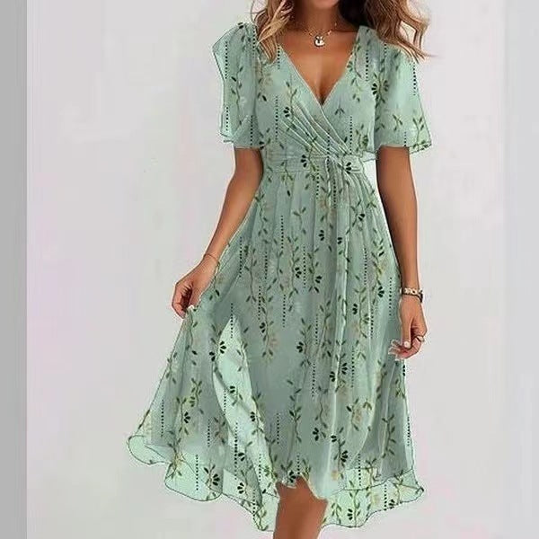 Loom & Soul™ Vestido floral de chifón – Vestido midi elegante de verano con cuello en V y manga corta para mujer