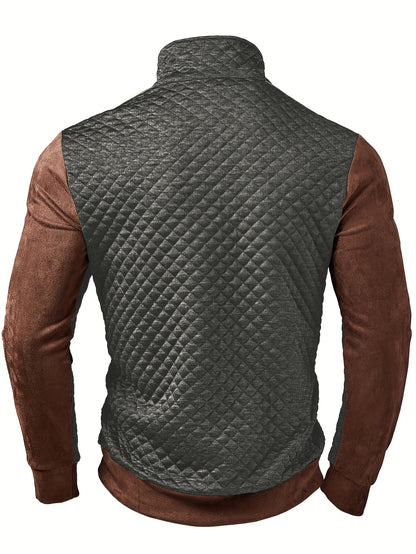Henley de punto de rombos con cremallera para hombre – Suéter con bloques de color texturizado
