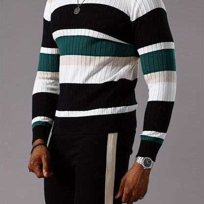 Pull rayé en tricot côtelé pour homme – Pull Color Block Automne Hiver