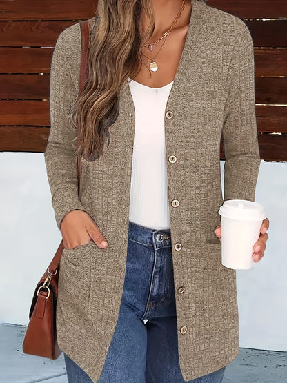 Cárdigan elegante con cuello de pico para mujer – Suéter acogedor de otoño con botones