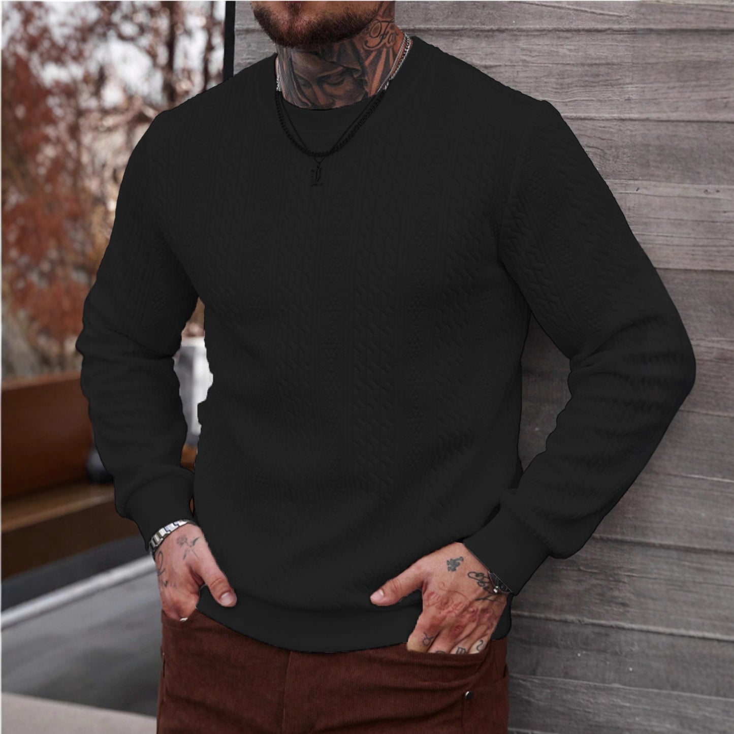 Sudadera con capucha y cuello redondo Jacquard para hombre – Parte superior ligera de corte holgado