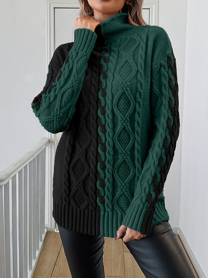 Blusa Elegante de Rayas con Cuello Alto – Top de Manga Larga de Punto Color Block