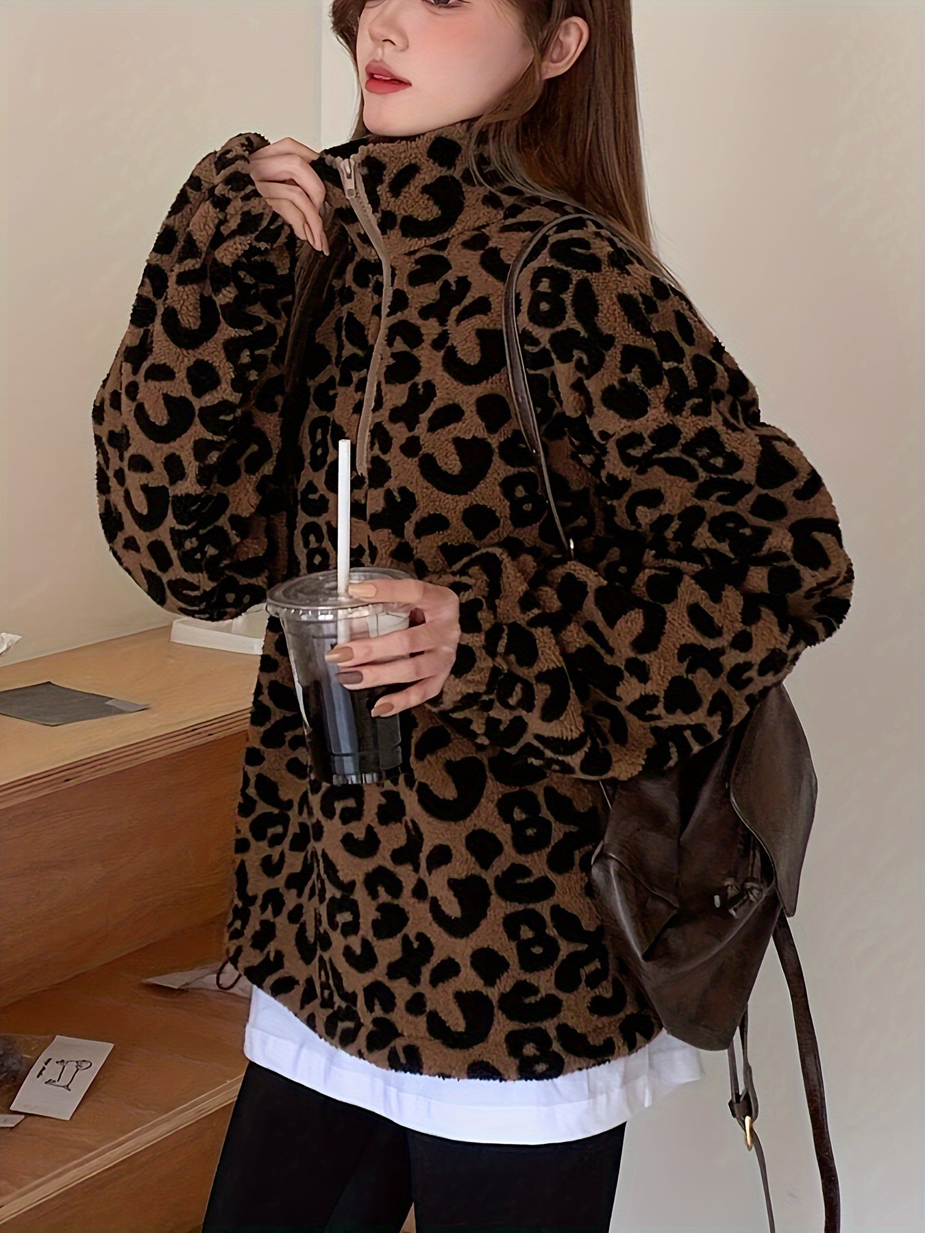 Sudadera con capucha elegante de felpa con estampado de leopardo – Chaqueta con cremallera forrada de forro polar suave